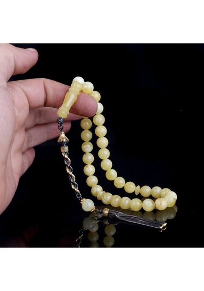 925 Ayar Çift Renk Gümüş Püsküllü 9.5 Mm Damla Kehribar Tesbih