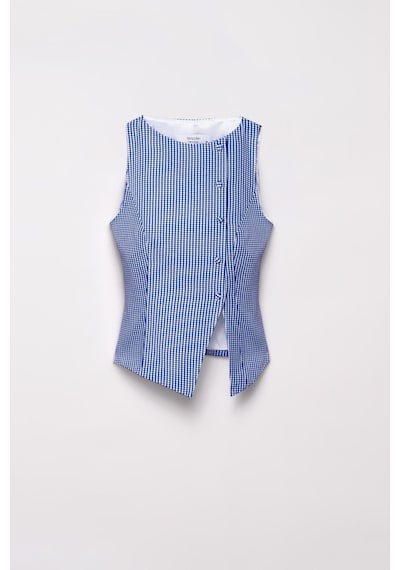 Thalure Kadın Lacivert Pötikare Kruvaze Slim Fit Yelek