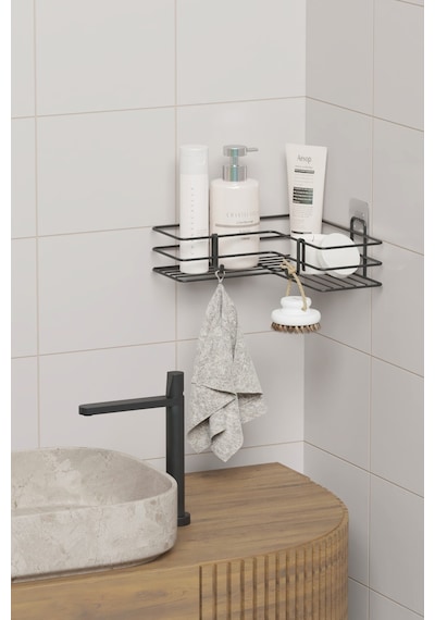 Zabata Yapışkanlı Banyo Köşeliği Köşe Rafı Duş Şampuanlık Duvar Düzenleyici Organizer Raf Siyah Metal Siyah
