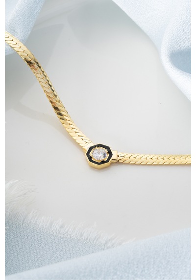 Çekirdekjewelry 925 Ayar Gümüş Şık Zincir Kolye Balık Sırtı Model Zirkon Taşlı Sarı