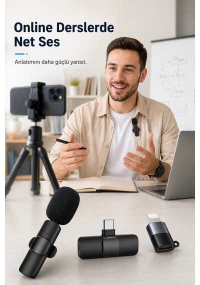 Kablosuz Yaka Mikrofonu Usb-c Lightning Uyumlu Tak Çalıştır Telefon Video Ses Kayıt Seti