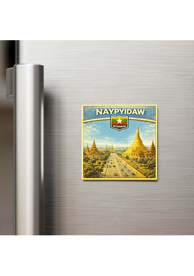 Retro Myanmar Naypyidaw Şehri Temalı Vintage Buzdolap Magneti 9x9 Cm