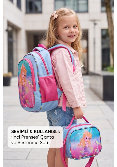 Mermaid Deniz Kızı Desenli Beslenme Çantalı İlkokul Ve Anaokulu Sırt Çantası Seti Ergonomik Çocu... Pembe