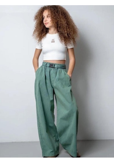 Zekids Kız Çocuk Kemerli Geniş Paça Gabardin Pantolon-15802 Yeşil
