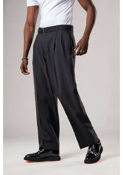 Akçaylar Çift Pileli Yazlık Modal Kumaş Beli Kemerli Geniş Paça Baggy Pantolon Siyah
