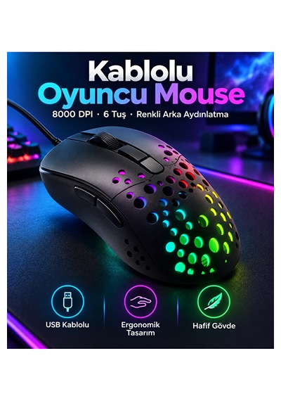 8000 Dpı Kablolu Oyuncu Mouse 6 Tuşlu Renkli Aydınlatmalı Usb Gaming Mouse Delikli 001
