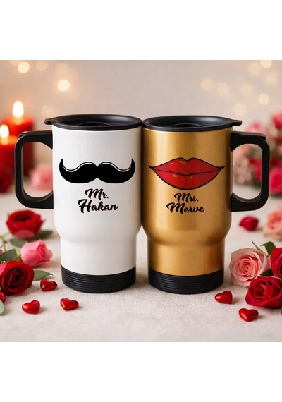 Bk Gift Kişiye Özel Sevgili Çift Tasarımlı 2li Kulplu Beyaz&gold Çelik Termos Mug 450 Ml -15, Sevgiliye Hediye, Sevgililer Günü Hediyesi Kobitmeyencom