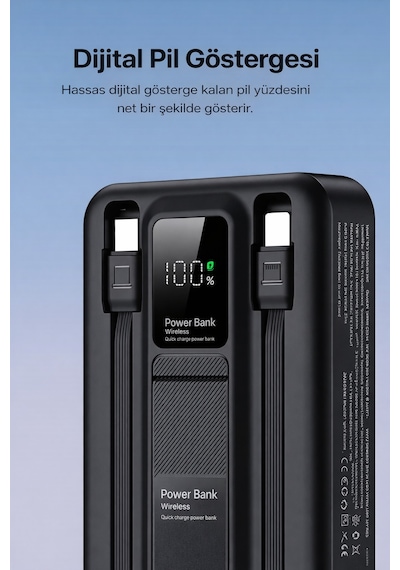 22.5w Hızlı Şarj 10.000 Mah Kablosuz Powerbank Dahili Kablolu Taşınabilir Şarj Cihazı Magsafe Uyumlu Siyah