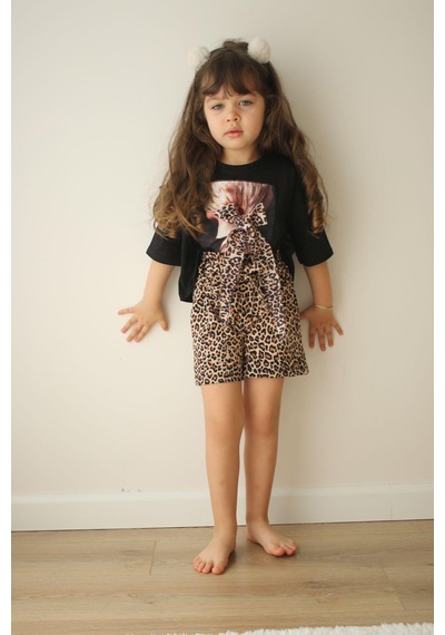 Miniko Kids Kız Çocuk Leopar Desenli Pamuk Şortlu Takım Siyah