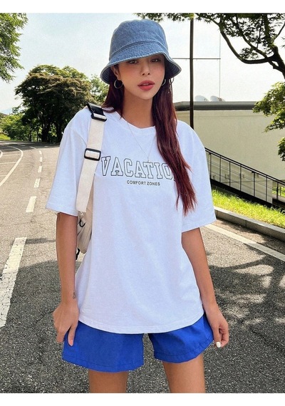 Unisex Beyaz Oversize Vacation Baskılı Örme T-shirt Beyaz-56806