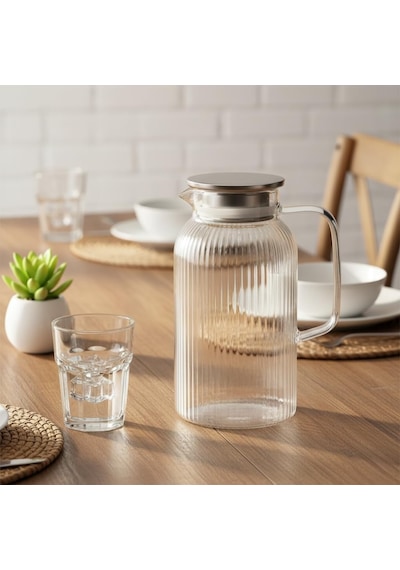Silikon Fitilli Borosilikat Cam Sürahi 2000 Ml - Metal Kapaklı, Isıya Dayanıklı, Süzgeçli Şef