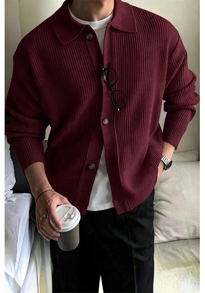 Serablanka Erkek Polo Yaka Oversize Triko Hırka Bordo