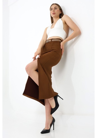 Winmoda34 Kadın Uzun Kemerli 92cm Maxi Boy Yırtmaçlı Süet Etek Kahverengi