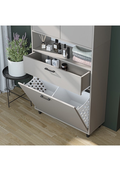 Çamaşır Sepetli Banyo Dolabı, Çok Amaçlı Çekmeceli Dolap 90 X 200 Cm Kumtaşı