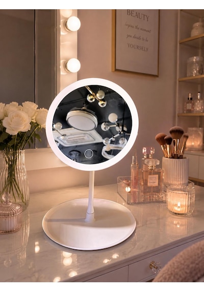 Led Işıklı Dimmerli Usb Şarjlı Dokunmatik Makyaj Aynası Beyaz - 3 Renk Işık Modu 360 Döner Masaüstü Ayna Yuvarlak