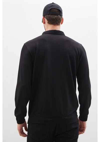 Fullamoda Çizgili Polo Yaka Yarım Düğmeli Sweatshirt Siyah