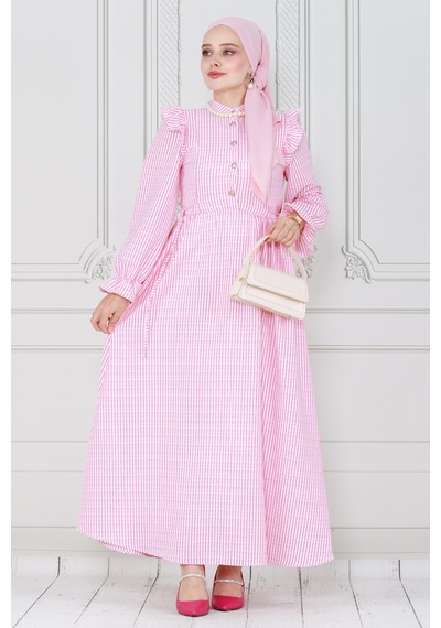 Sevitli Pötükare Fırfır Detaylı Eda Elbise-pembe-4036-pembe Pembe