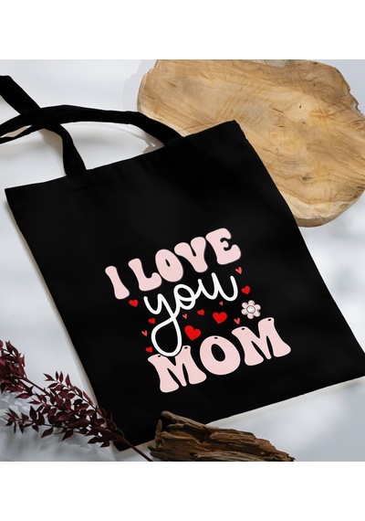 Bk Gift Anneler Günü Tasarımlı Siyah Kumaş Bez Çanta, Baskılı Omuz Çantası, Alışveriş Çantası, Anneler Günü Hediyesi, Anneye Hediye-2 Siyah