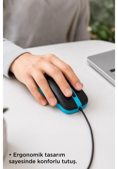 Aksesuar Bilgisayar Günlük Mouse Optik Sessiz Ve Ergonomik Tasarım Kablolu Fare Tm06 Mavi