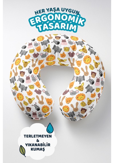 Sevimli Hayvan Figürlü Pamuklu Boyun Yastığı - Eğlenceli Safari Temalı Sarı Gri Seyahat Yastığı Çok Renkli