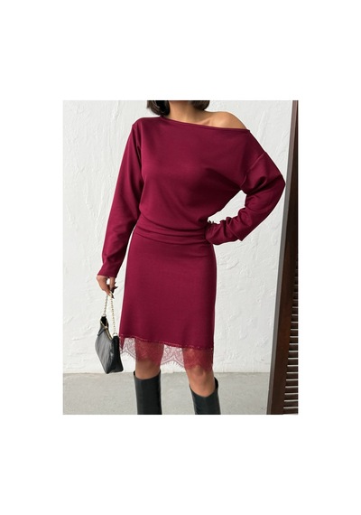 Meecy Kayık Yaka Uzun Kollu Etek Ucu Dantelli Mini Elbise Bordo Bordo