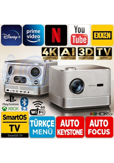 Vankyo Aurzen Boom 3 WiFi + Bluetooth 300 Inç 4K Smart TV Projeksiyon Cihazı Altın