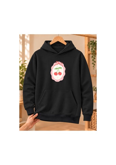 Mor Mürekkep Kadın %100 Pamuk 3 İplik Şardonlu Oval Çerçeveli Kiraz Baskılı Kapüşonlu Sweatshirt Siyah