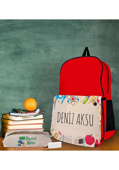 Bk Gift Kişiye Özel İsimli Kırmızı Okul Çantası Ve Kalemlik Hediye Seti-4