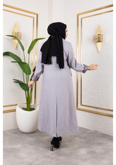 Hb Harma Time Butik Kadın Astarlı Düğmeli Cepli Uzun Gri Kaşe Kaban Açık Gri