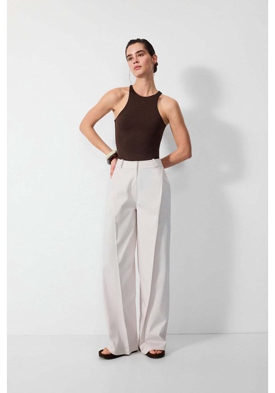 Vatkalı Pileli Wide Leg Pantolon-16649 Taş