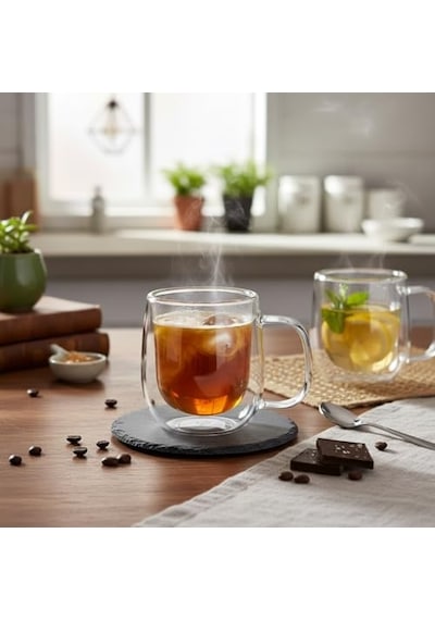 Çift Cidarlı Double Wall Kulplu Cam Kupa - 250 Ml Isıya Dayanıklı Borosilikat Çay Ve Kahve Kupası - El Yakmayan Modern Tasarım Mug Aeropress