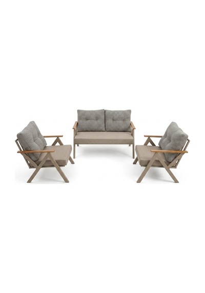 Venedik 2+1+1 Metal Balkon Takımı Keten Dokulu Kumaş Cappuccino Metal - Bahçe Teras Oturma Grubu