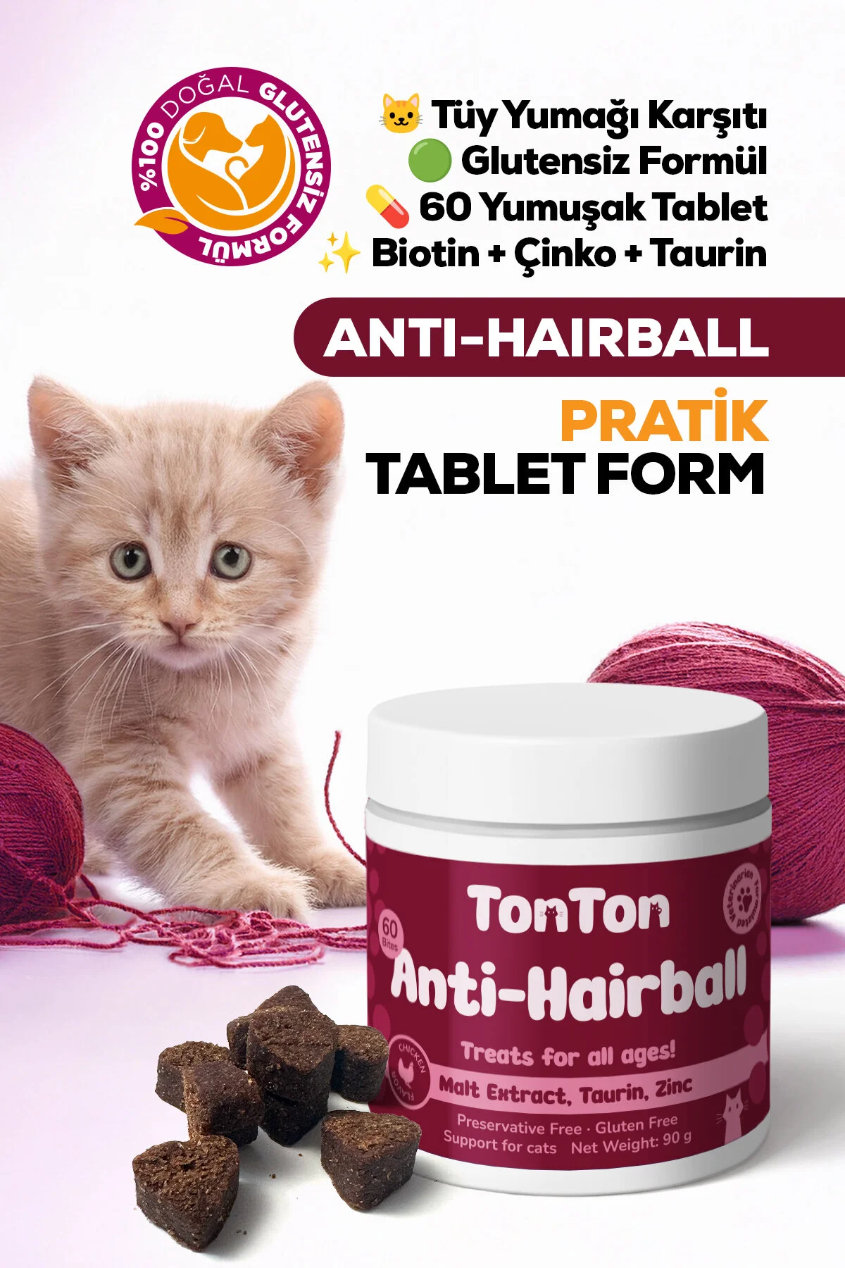 Glutensiz Anti-hairball Tüy Yumağı Önleyici, Yumuşak Ve Çiğnenebilir Biotin, Çinko, Taurin