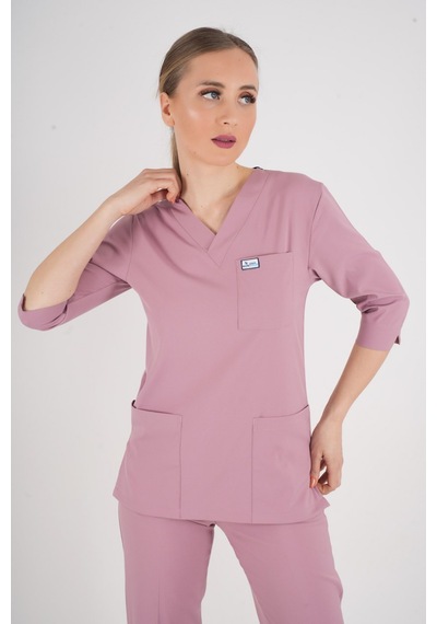Unisex Pudra Violet Model Scrubs Takım Doktor Hemşire Üniforması Pudra