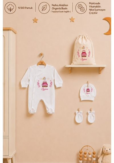 Pia Baby Kız Bebek Hediyesi İsme Özel Hastane Çıkışı Battaniyeli Tulum Seti %100 Pamuk Ham Bez Kıyafet Keseli 2021btk3x Ekru
