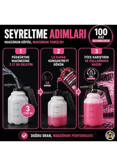 3 Adet Akgüneş Motogaraj 1lt Pembe Köpük Oto Şampuanı Konsantre 100 Kat