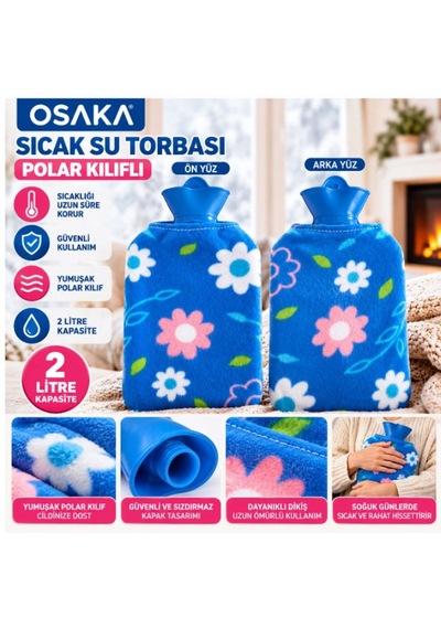 Osaka 2 Litre Sıcak Su Torbası Yumuşak Polar Kılıflı, Çiçek Desenli Isı Torbası Mavi - Pembe