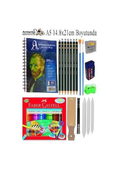 Telli Suluboya Bloğu Kağıdı A5 210gr 20 Yaprak Dokulu Gölgelendirme Zımpara 24 Renk Aquarell Kuruboya Dereceli Uzatma