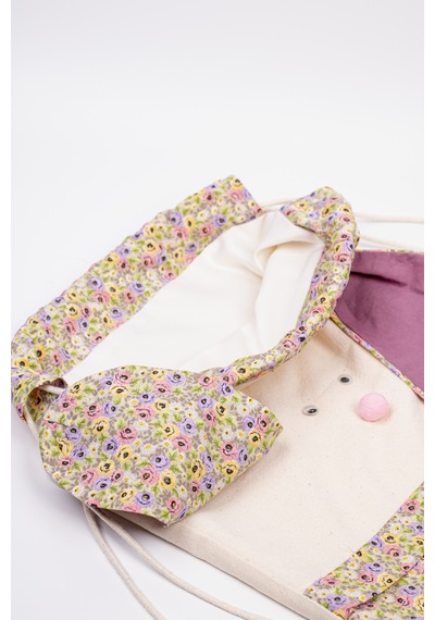 Fabric Craft Bag Çocuk Sırt Çantası Çiçek Desenli Figürlü Bez Model 33x44 Cm Astarlı Krem - Mor