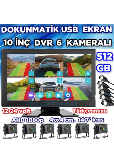 6 Ch 10 İnç Dokunmatik 1080p 6 Kameralı 4k Ultra Hd 512 Gb Dvr-usb-bsd Monitör Seti 12 - 24 Volt
