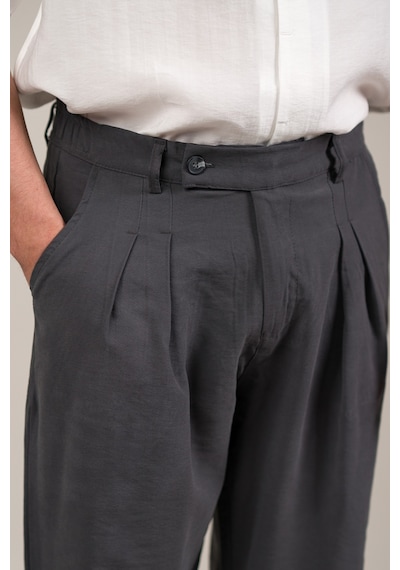Akçaylar Çift Pileli Yazlık Modal Kumaş Beli Yarım Lastili Baggy Pantolon Antrasit