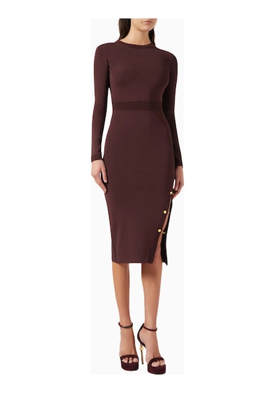 Elisabetta Franchi Zincir Ve Taş Detaylı Burgundy, Triko Midi Elbise Bordo