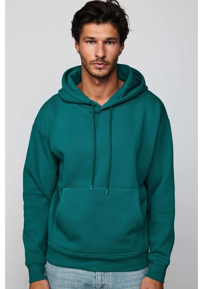 Tudors Oversize Pamuk Kapüşonlu Basıc Yeşil Unisex Sweatshirt-29409-yeşil Yeşil