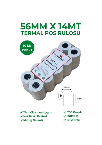 56x14 Termal Rulo Yazarkasa Pos Rulosu 1 Paket 10 Adet Tse Belgeli Bpa Free