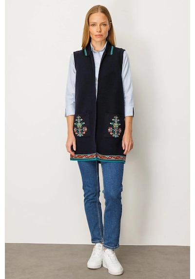 Desen Triko Polo Yaka Etek Ucu Kilim Desenli Uzun Kadın Yün Yelek 25055 Lacivert