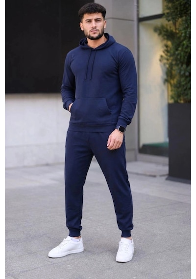 Freedom Storee Erkek İki İplik Kapüşonlu Kanguru Cepli Sweatshirt Jogger Pantolon Alt Üst Eşofman Takımı - Lacivert Çok Renkli