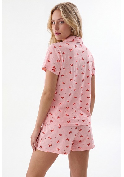 Nbb Kadın Somon Bow Önden Düğmeli Şortlu Pijama Takımı