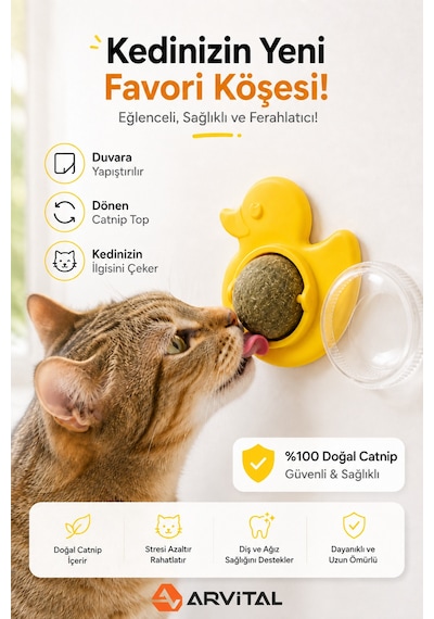 Ördek Tasarımlı Duvara Yapışan Kedi Nanesi Topu Döner Catnip Yalama Oyuncağı