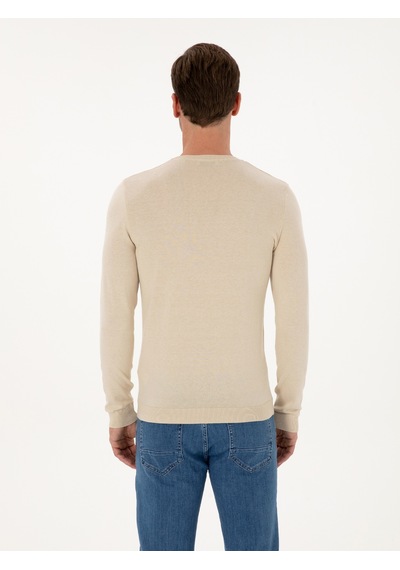 Cacharel Bej Slim Fit Pamuk Karışımlı Bisiklet Yaka Basic Triko Kazak