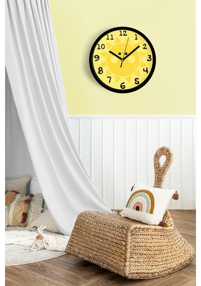 Sevimli Güneş Çocuk Odası Modern Duvar Saati - 25cm - Önü Camlı Siyah Kasa - Sessiz Mekanizma-jh0263 Siyah